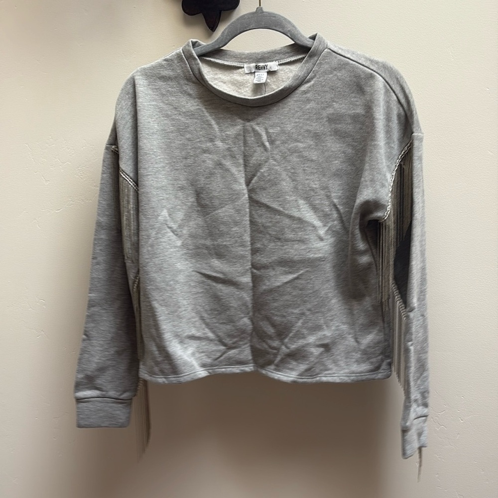 Renvy Gray Fringe-Trim Cropped Sweatshirt